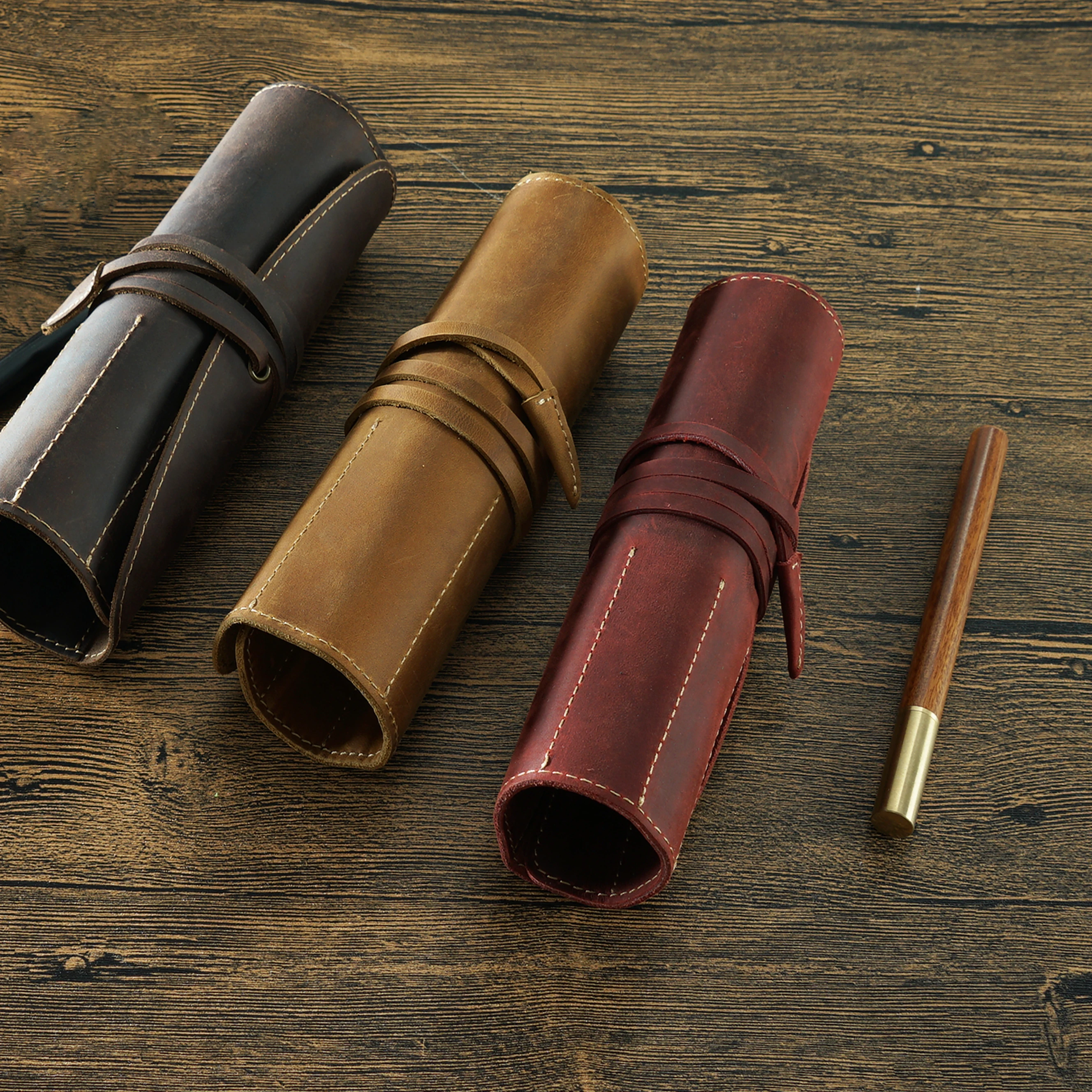 Aiguo Niu Original Handmade Cowhide Pen Wrap - Artistic Multifunctional Leather Roll Case, Minimalist Literary Storage Pouch (Ge