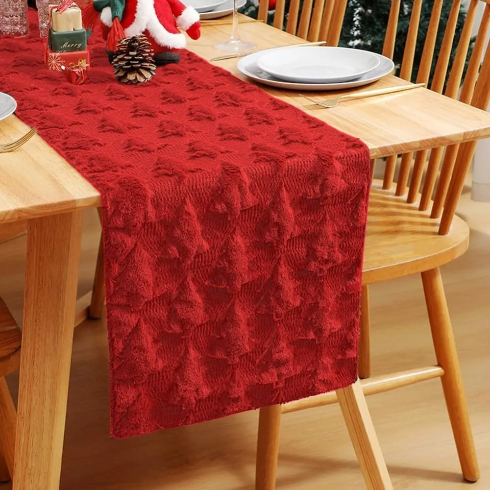 

Plush Embroidered Christmas Tree Table Runner Embossed Design Rectangular Christmas Table Cover Long Dining Tablecloth New Year