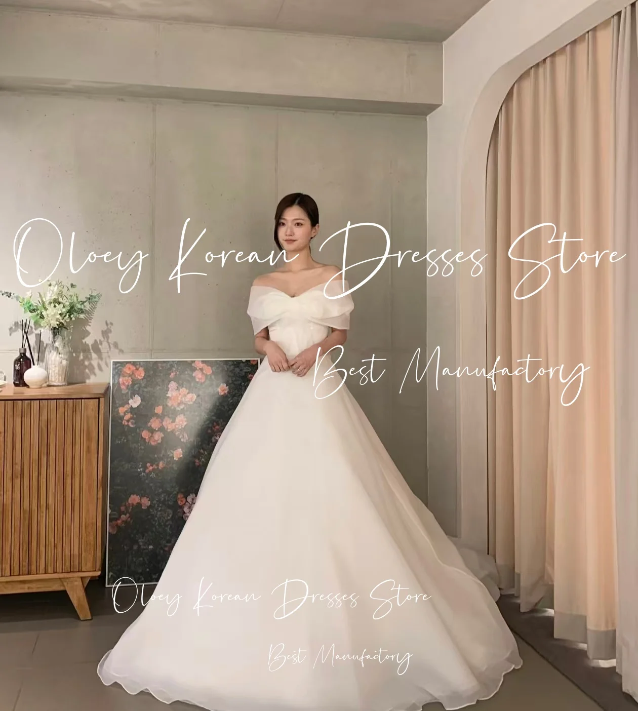 OLOEY الأميرة القوس قبالة الكتف فستان الزفاف العاج الأورجانزا مشد كوريا صورة تبادل لاطلاق النار فستان استقبال الزفاف مخصص ستناء
