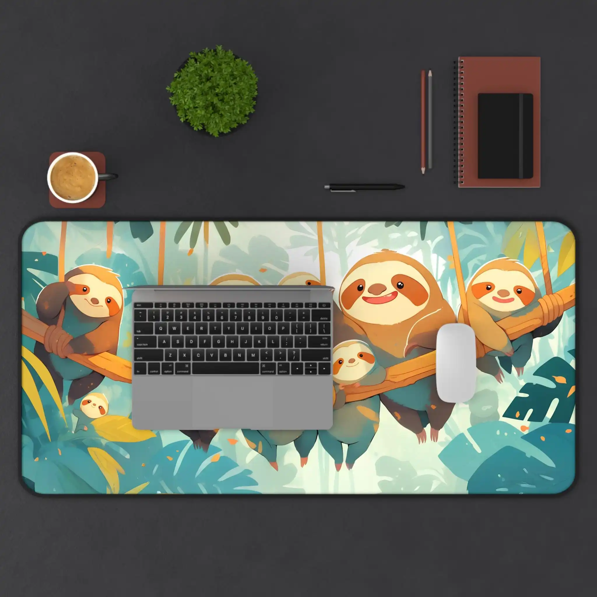 Cute Lazy Family Office Mat Kawaii Jungle Animal Game Mouse Pad Large Desk Pad Happy Sloths Tree Branch Tropical Mouse Pad