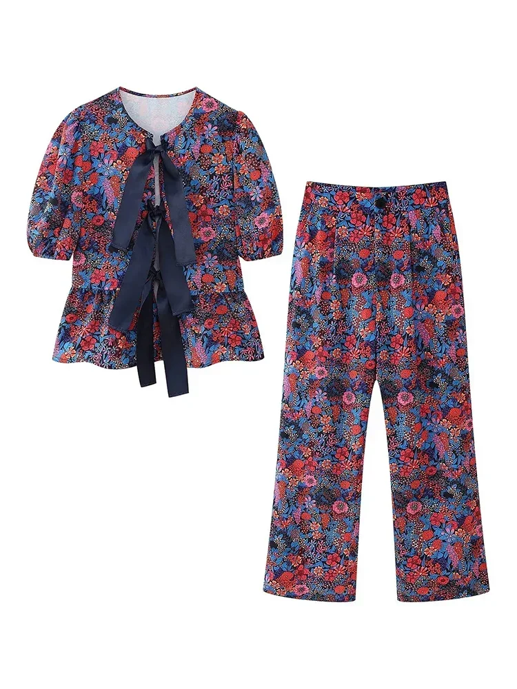 

New Summer Fashion Street Wear O-neck Bow Decorative Top with Button Pants Set Women's Retro Casual Printed Pants Two-piece Set