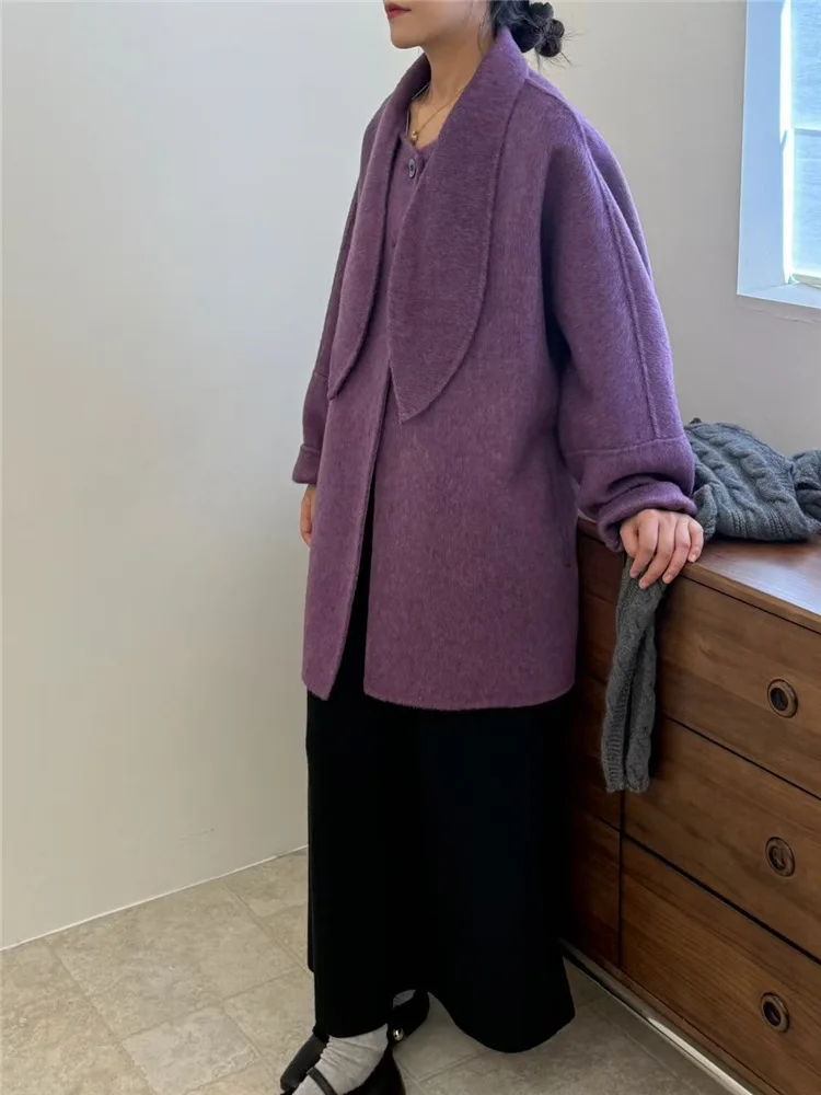 Cappotto da donna in cashmere di lana double face caldo e sciolto con collo di coniglio (Defying dell'età coreano, best seller per taglie piccole)