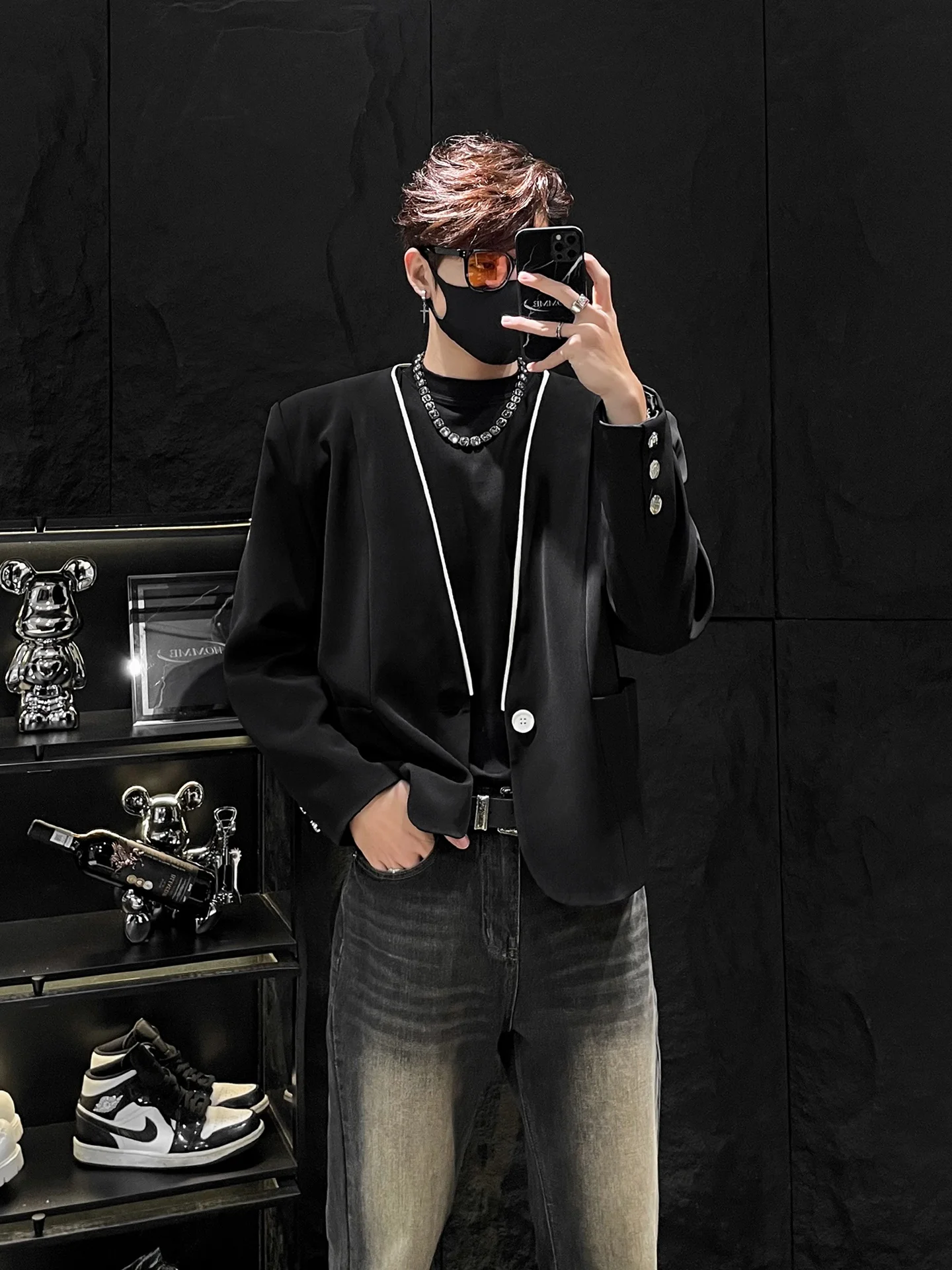 

HOMME костюм с подушечками Jaet мужской свободный повседневный маленький ence без воротника с вышивкой длинный свеч чистый цвет осенняя мода