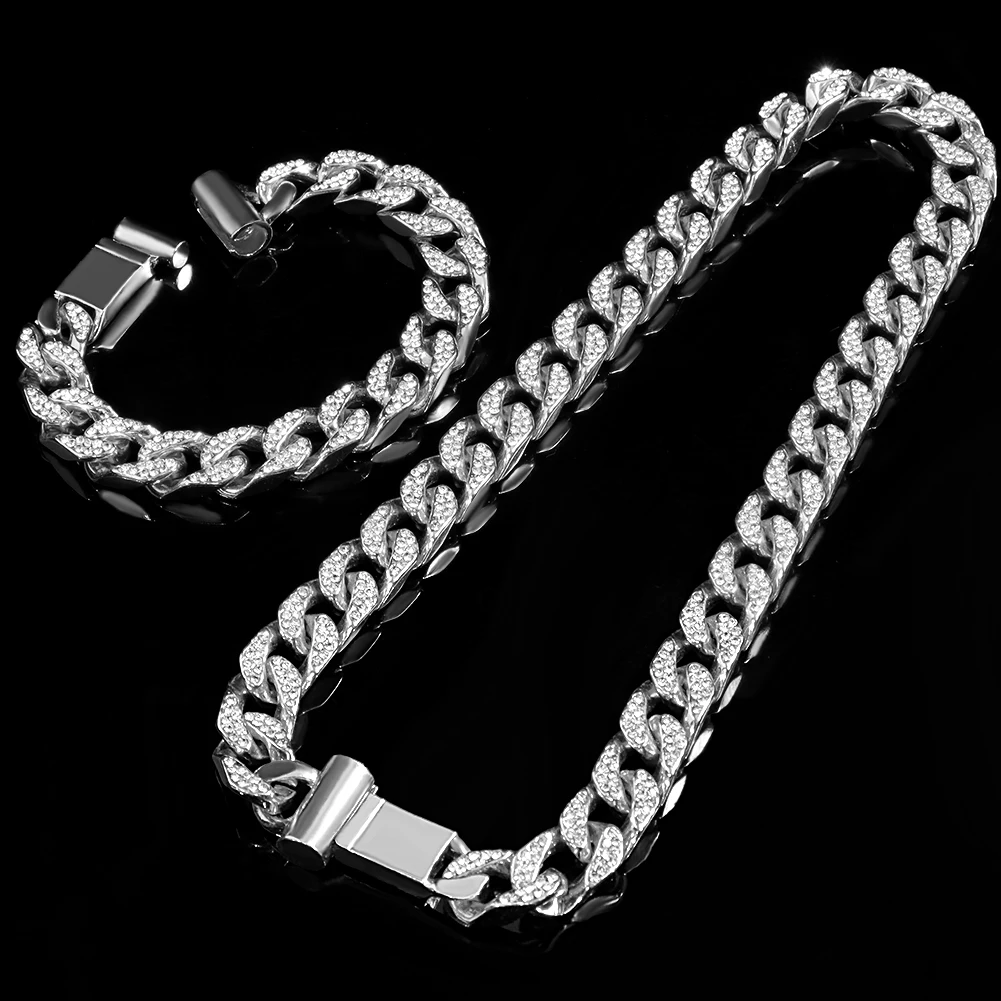 

New Iced Out Prong Cuban Link Chain Necklace for Women Magnetic Clasp Rhombus Cuban Necklace Bracelet Set Hiphop Rock Jewelry