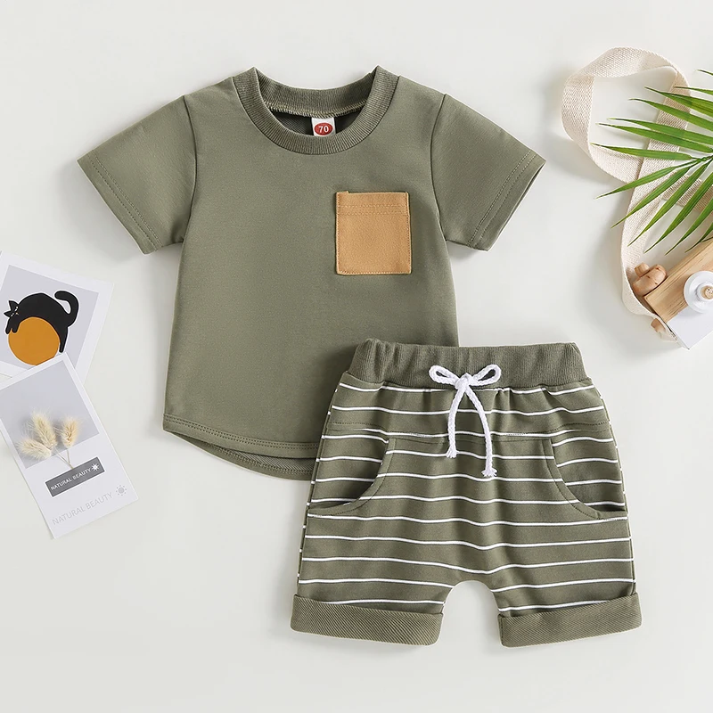 Newborn Sets Boys Casual Clothing Summer Soft Cotton T-shirts+Striped Elasctic Shorts Sets Kids Toddler Clothes