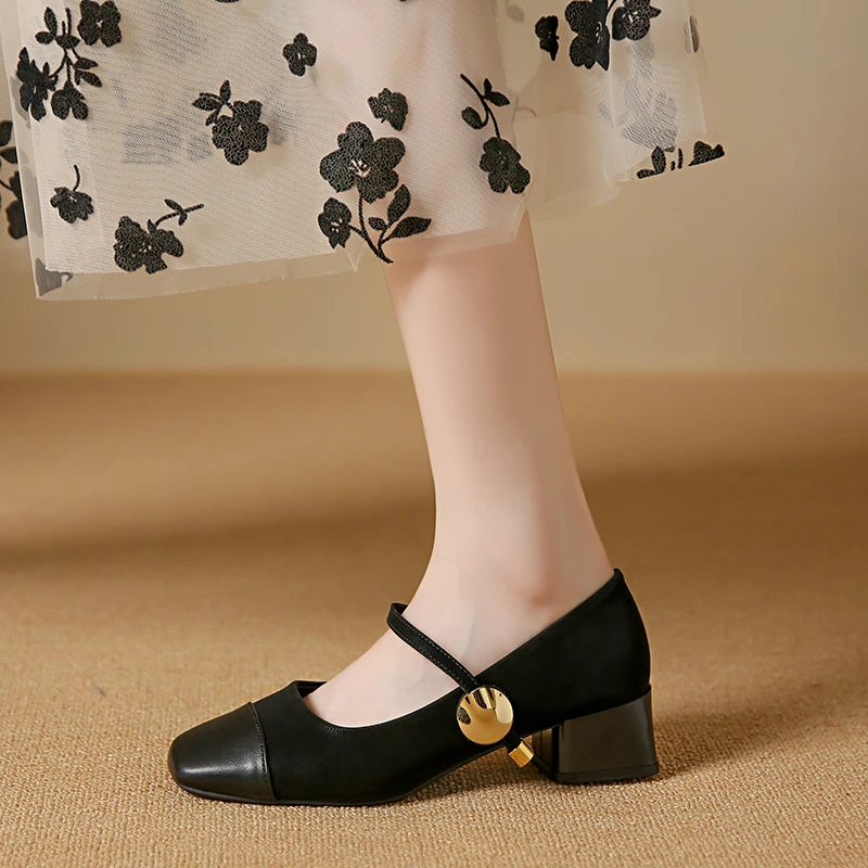 

Thick Heel Fairy Style Mary Jane Shoes for Women's 2024 New Spring Square Head Versatile Middle Heel Button Strap Single Shoes