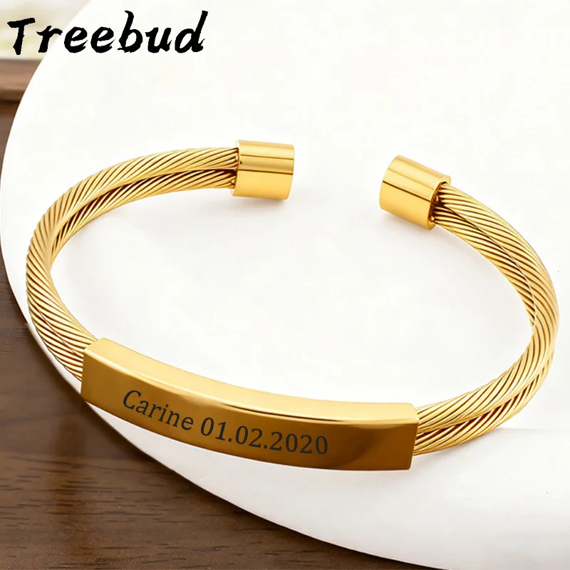Treebud Custom Names Bangle for Women Stainless Steel Personalized Engrave Date Initials ID Bar Adjustable Bracelet Jewelry Gift