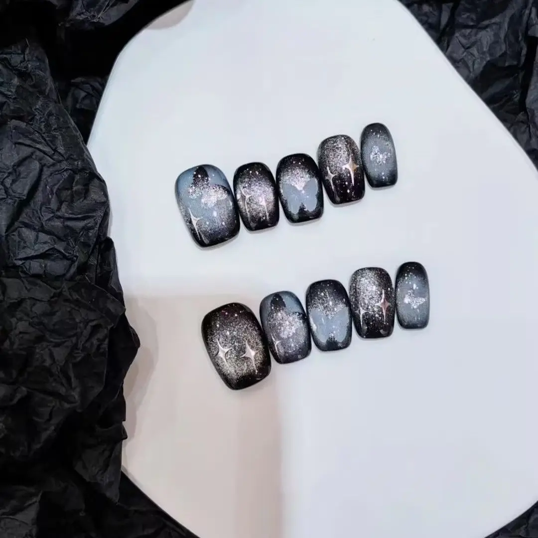 Women 10Pcs/1 Set Fireworks Handmade Cat Eye High-end Press on Nails Short Style Finished Product Ins Nail Stickers Nail Art