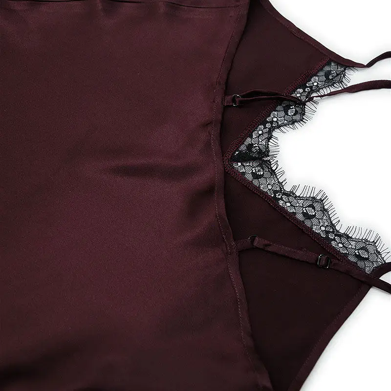 여성 캐주얼 의류 레이스 V넥 100% 천연 뽕나무 실크 플레인 새틴 섹시 슬림핏 미니멀리스트 마룬 캐미솔 드레스