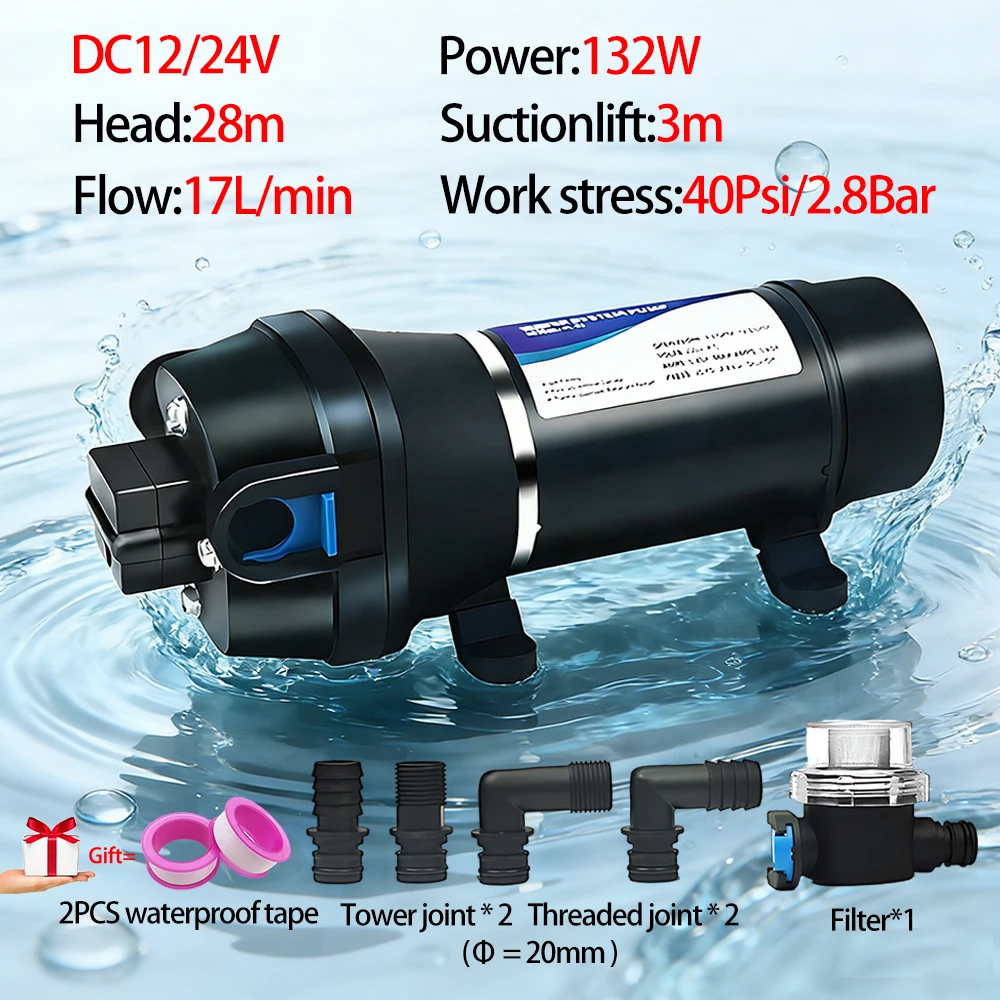 

Мембранный водяной насос DC12V/24V, 17 л/мин, 40 фунтов на кв. дюйм, самовсасывающий, для автодомов, яхт, морских судов, караванов, для повышения давления, EU/AU/US