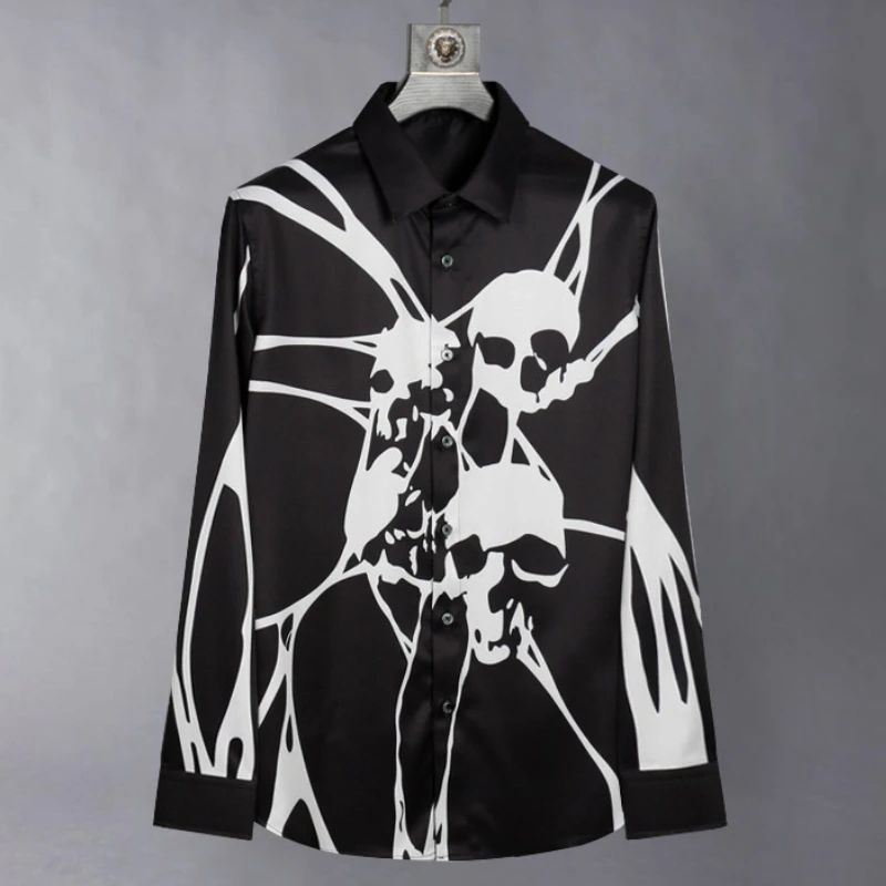 

Brand Fashion Skull Men's Shirts Long Sleeve Slim Fit Silk Casual Business Dress Shirt Social Streetwear Banquet Party Shirts