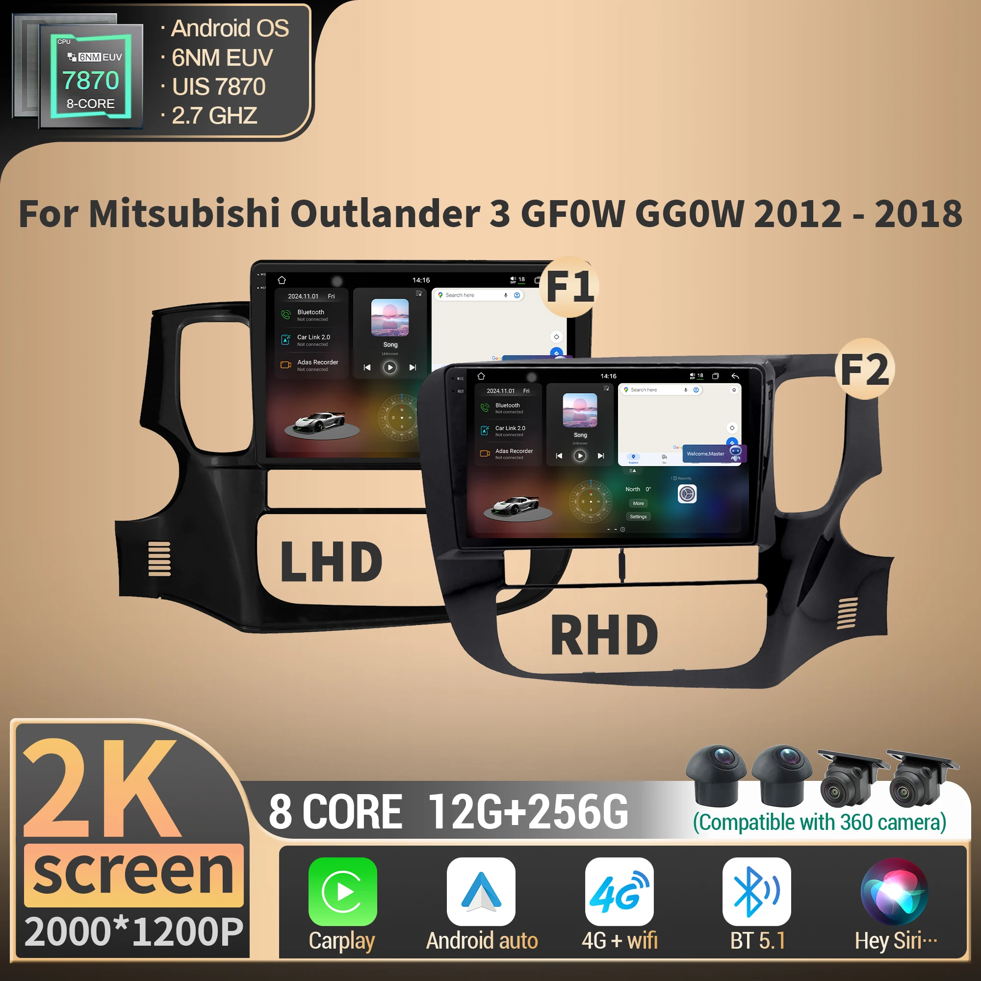 

For Mitsubishi Outlander 3 GF0W GG0W 2012-2018 Car Radio Multimedia Wireless BT CarPlay 4G GPS CPU 7870 Android 2K QLED Screen