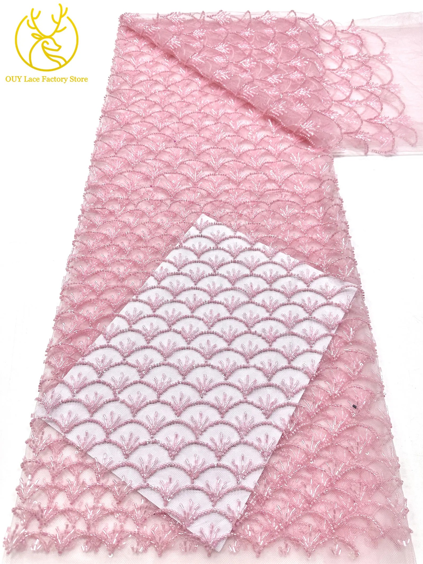 Rosa Neues Design Handgefertigter Perlen-Spitzenstoff Französischer Hochzeitsstoff Nigerianischer Pailletten-Perlen-Stickerei Tüll-Spitzenstoff – Detail 9