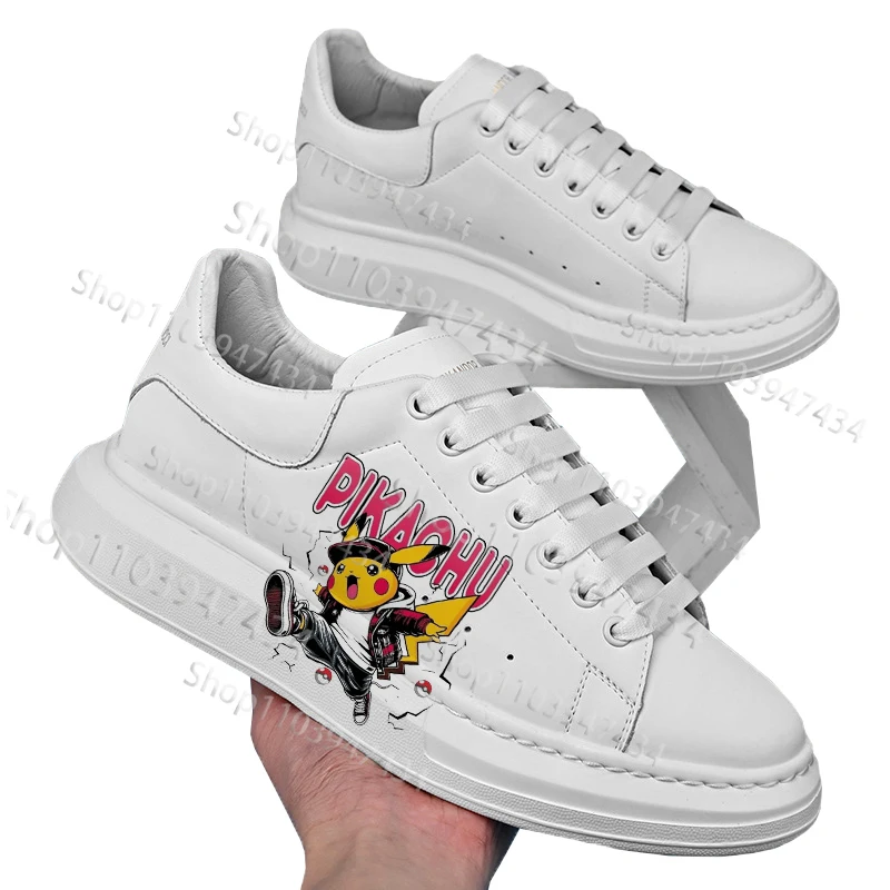 ポケモン人気漫画ピカチュウ大人用ホワイトボードシューズ男性女性puレザー同等快適トレンドバスケットボールシューズ