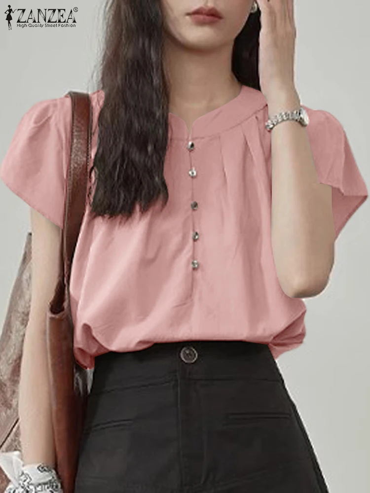 

Korean Shirt Women Flying Sleeve Blouse 2024 Summer Solid Ruffle Tops ZANZEA Harajuku Round Neck Blusa Casual Loose Sweety Tunic