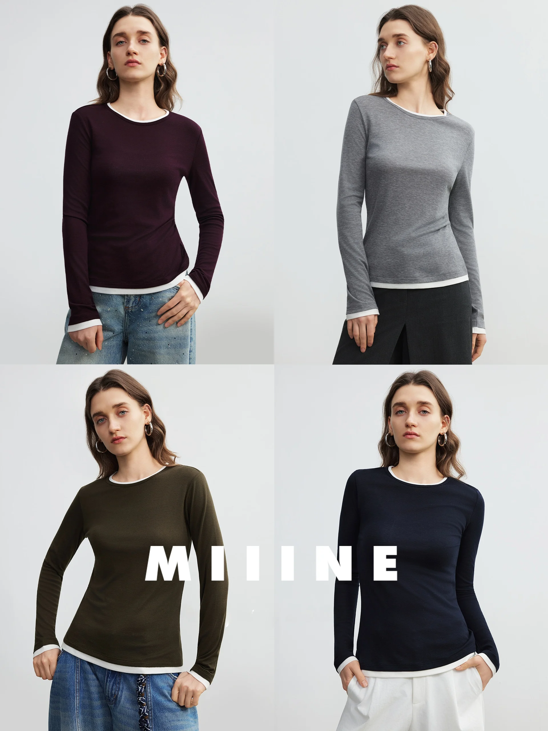 

Женский шерстяной лонгслив Miiine с цветными блоками, круглым вырезом, повседневный, с двойной строчкой, в рубчик, вязаный дизайн