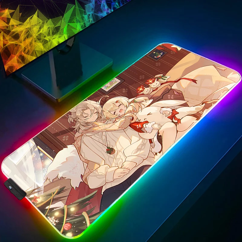 Tapis de souris vitesse Mini LED PC ordinateur Genshin Impact Klee clavier tapis RGB Kawaii Anime fille tapis de bureau accessoires de jeu tapis de souris