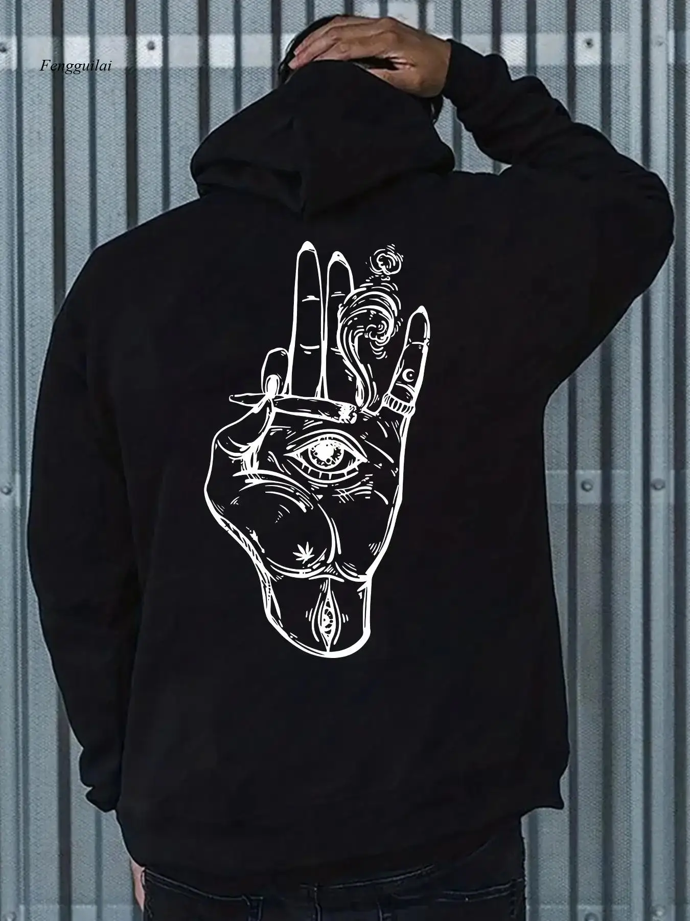 

Толстовка с капюшоном с графическим рисунком — дизайн глаз с жестом среднего пальца и символом руки, свободный крой, повседневный крой с длинным рукавом