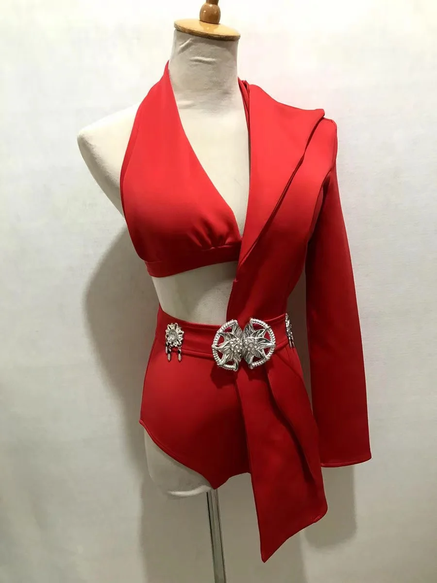 Sexy Personalized Nightclub Female Singer GOGO Dance Stage Clothing Bar Festival Outfit Red Suit Coat+Bra+Shorts+Belt 4pcs Set