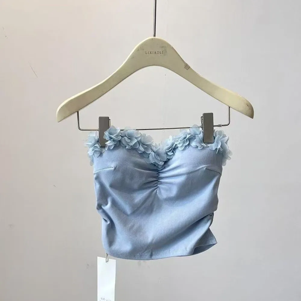 Socialite Style 3D Flower Camisole 3D Flower Decoration Sleeveless Suspender Vest Wrap The Chest Slim Fit Tanks Crop Tops
