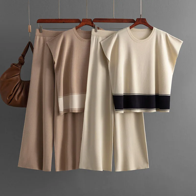 レディースニット2点セットトップスワイドレッグパンツスーツTシャツパッチワークラウンドカラーニット outfits オフィスレディサマー2025