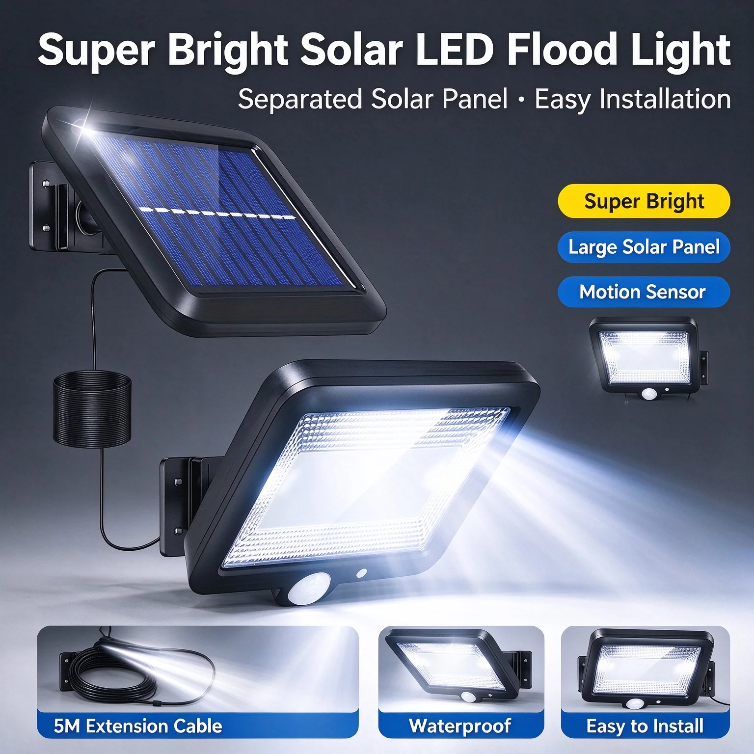 Solar Motion Sensor Flood Light with 5M Extension Cable Super Bright White LED Outdoor Security Light Wall Lamp for Yard Garage