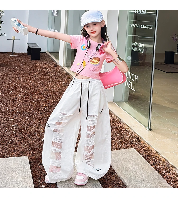 Teenager-Mädchen Mode Street-Style Y2K Kleidungsset Outfits für Mädchen Sommer T-Shirt + zerrissene Hosen Streetwear Coole Kinderkleidung Anzug – Detail 16