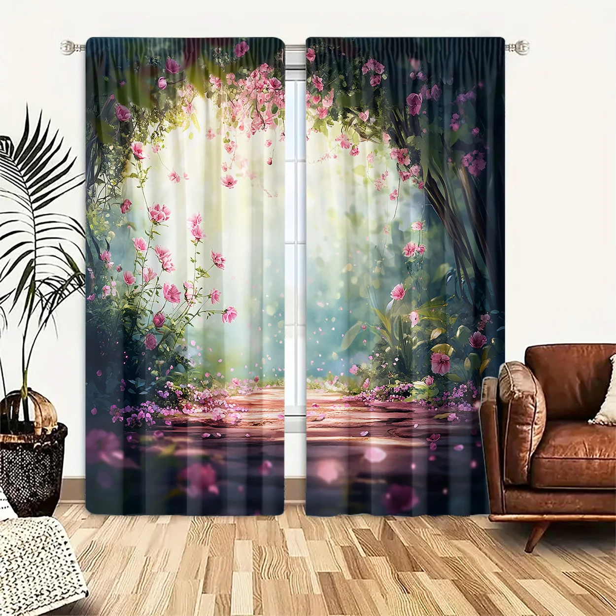 Magical Forest Pink Flower Curtain 2 Panels, Blooming Vine Petal Path Bright Light Dreamy Green Print,Drapes for Bedroom Curtain