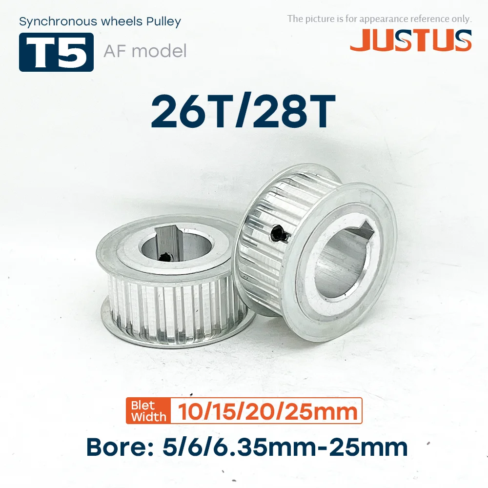 

T5 AF Shape 26T/28 Teeth Synchronous Wheels Bore 5/6/6.35-25mm Teeth Pitch 5mm For T5 Width 10/15/20/25mm Rubber Belt