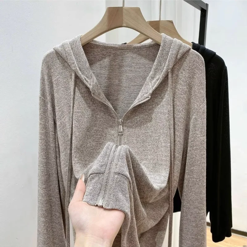 Korea Chic Loose Hoody Knit Coat Sunscreen Long Sleeve Slim Women Clothing Simple Office Lady Solid Personalized Outwears