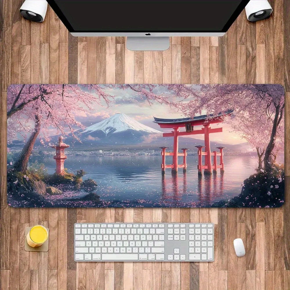 Japanese Culture-Inspired Mouse Pad with Mount Fuji & Cherry Blossoms - Stitched Edge, Non-Slip Base, Vibrant Print Desk Mat