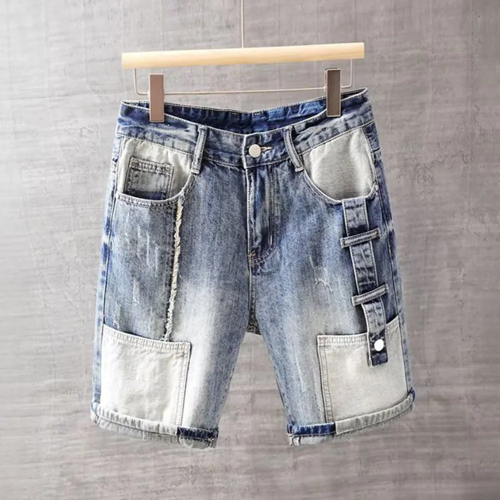 Y2K Mens Shorts Pockets Frayed Edges Patchwork Jeans Summer Casual Wear American Streetwear Shorts Men’s Clothing Unisex 2024