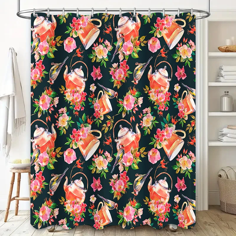 Tea Pot Bird Flower Print Shower Curtain for Bathroom Decor Blue Green Pink White Waterproof Fabric Shabby Chic Home Decor Moder