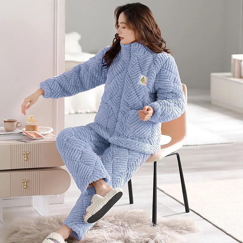 Women's flannel quilted pajamas winter three-layer thick cardigan zipper casual cotton-padded winter home clothing warm suit