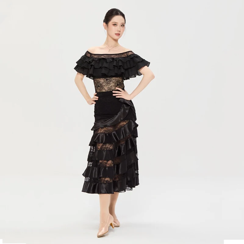 

2026 Boat Neck Lace Ruffled National Standard Dance Performance Clothes Ballroom Waltz Modern Dance Costume For Women DN23484