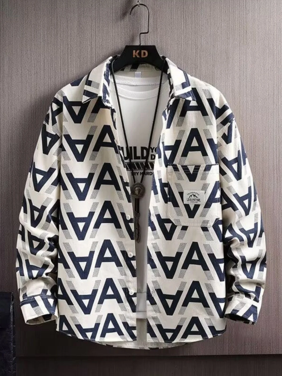 

New 2024 Men's Long Sve irt Trendy Loose Letter Print Outerwear Haome Spring Autumn Jaet M Faion Breathable Mo...