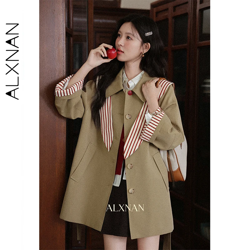 

ALXNAN хаки плащ женский средней длины элегантная офисная женская ветровка 2023 осенние куртки с лацканами и полосатая шаль L57127