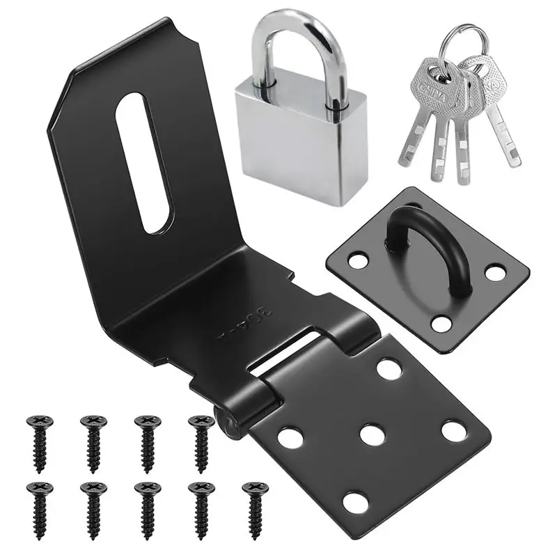 

A42T-4 Inch 90 Degree Hasps For Padlock, Stainless Steel Latch Lock Padlock Hasp With Padlock And Keys Set, Door Latches