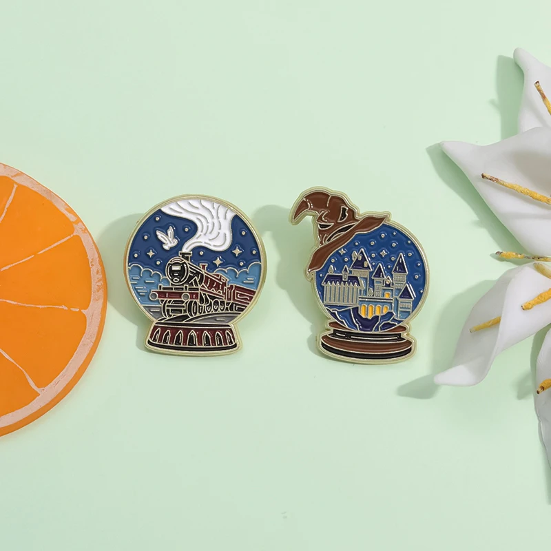 Cartoon Magic Crystal Ball Enamel Pins Dream Castle Train Wizard Hat Metal Brooches Lapel Badge Jewelry Gifts For Kids Friends