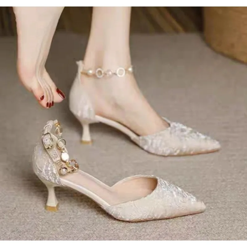 New Fashion Women's Pointed Toe Luxury Sequins Beaded Buckle Champagne Silver High Heel Sandals Party Wedding Shoes