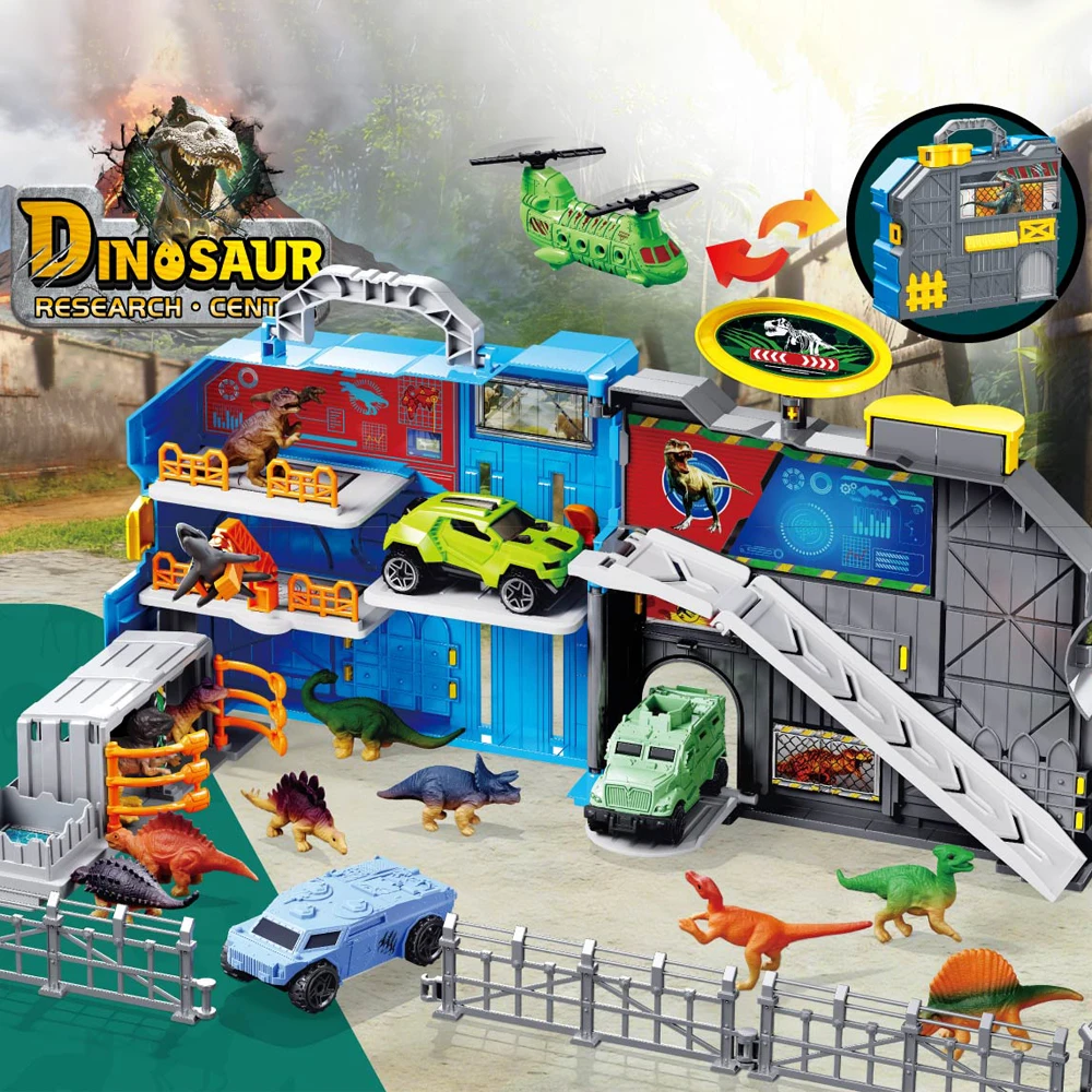 Dinosaur Adventure Playset, Large Dino Rescue Station Base Toy Set with Multi-Level Parking, Mini Cars, Helicopter, Dinosaur