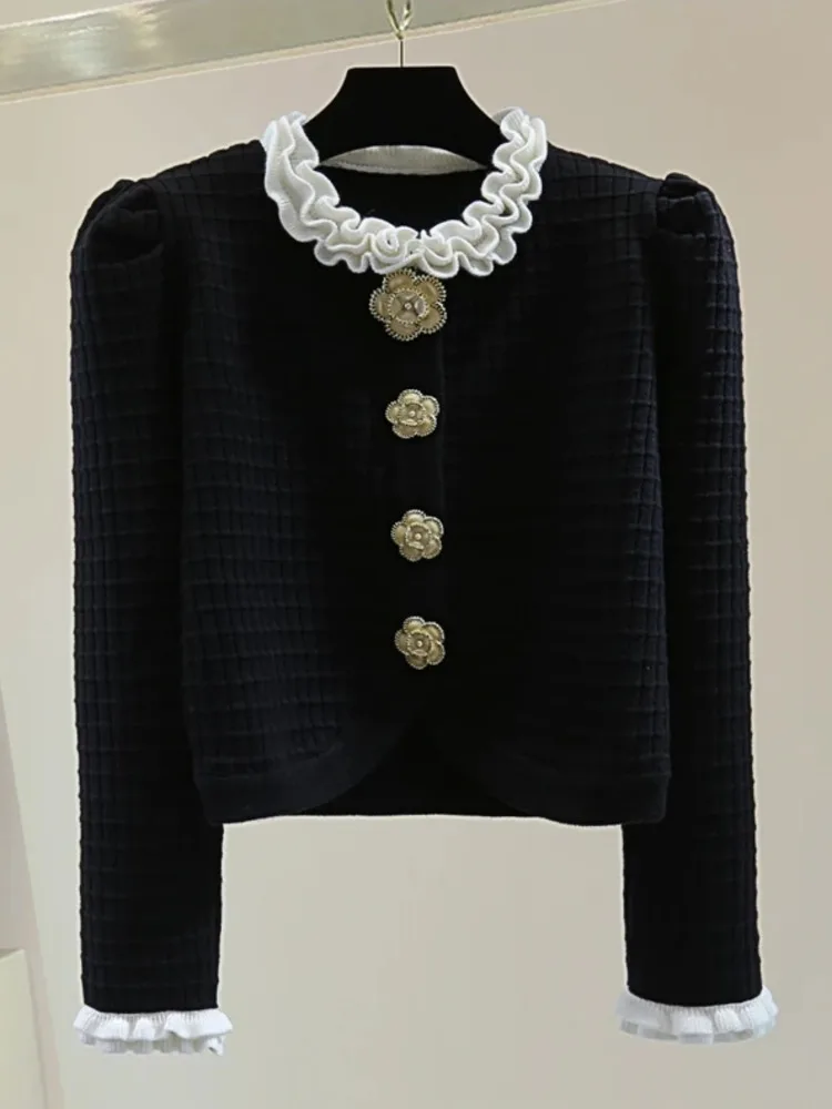 Cárdigan de punto con manga de burbuja para mujer, suéter con botones de flores, abrigos cortos de punto elegantes de Color contrastante, alta calidad, otoño