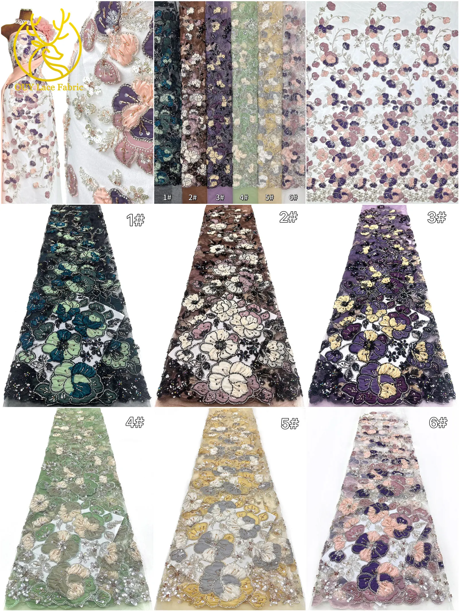Afrikanischer Spitzenstoff, hochwertige französische Blumenstickerei, Perlen, Pailletten, Tüll, Netzspitze für Frauen, Hochzeitskleid, Nähen, 5 Yards – Detail 3