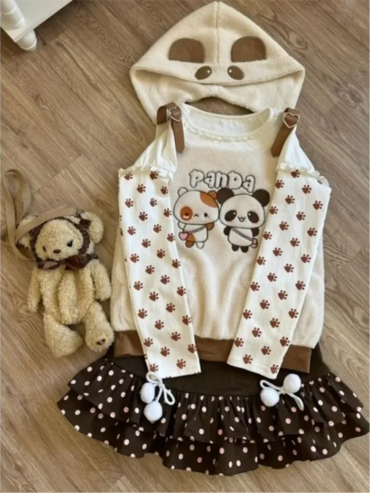 Harajuku Sweet Letter O-neck Long Sleeve Tops Women+ Cute Panda Hoodie Vest+ High Waist Wave Point Skirts Three Piece Sets