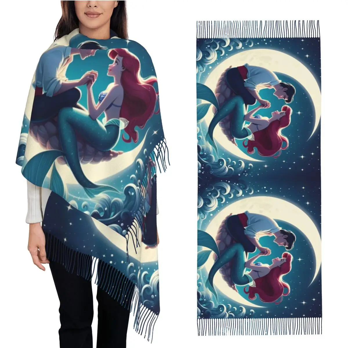 The Little Mermaid Cartoon Scarf Warm Soft Shawls and Wrap with Tassel Lady Casual Large Scarves Winter Designer Foulard