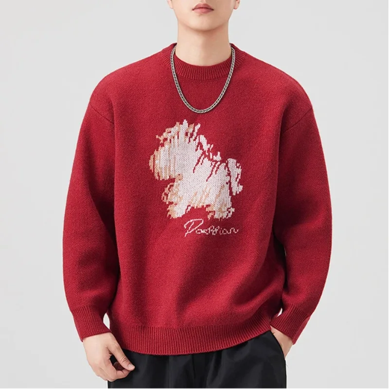 

Men's Red Crew Neck Oversized Knit Sweater Cartoon Pattern Decor Casual Loose Long Sleeve Daily Wear Fashion Pullover Top