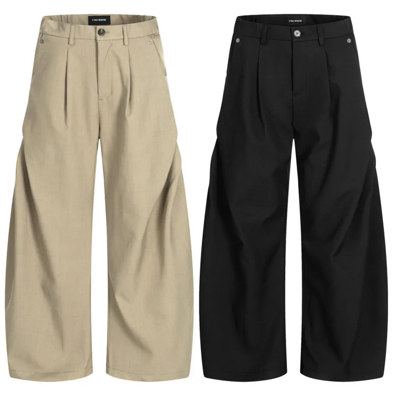 تصميم جيب عكسي بلون سادة للرجال مع صورة ظلية مطوية وشفرة منحنية وسراويل فضفاضة واسعة الساق