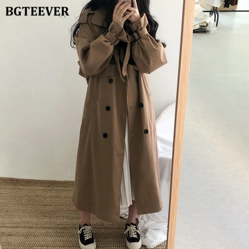 BGTEEVER Autumn Winter Loose Double Breasted Women Long Trench Coats Vintage Full Sleeve Belted Ladies Overcoats