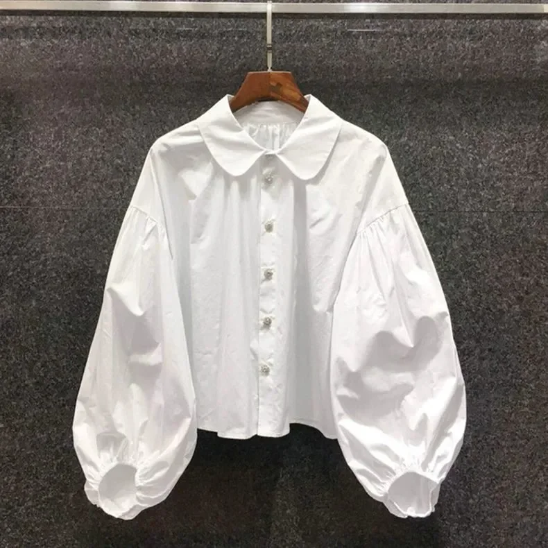 Blusa de Moda Primavera 2026 con Mangas Abullonadas y Cuello Peter Pan para Mujer, Blusa Blanca Vintage Estilo Coreano