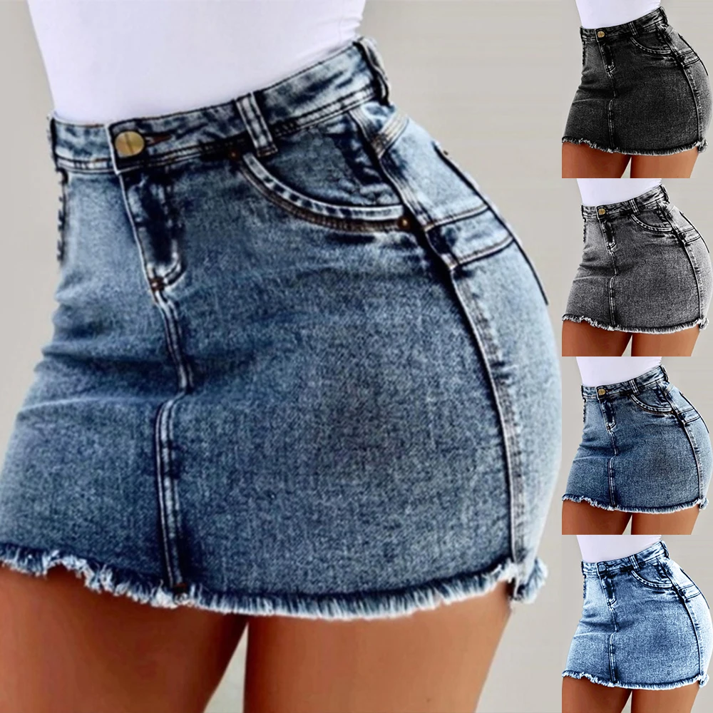 PYL Summer Womens Jean Skirts HIgh Waist Short Denim Bodycon Skirt Frayed Raw Hem  Holiday Slim Fit Skirts Dresses